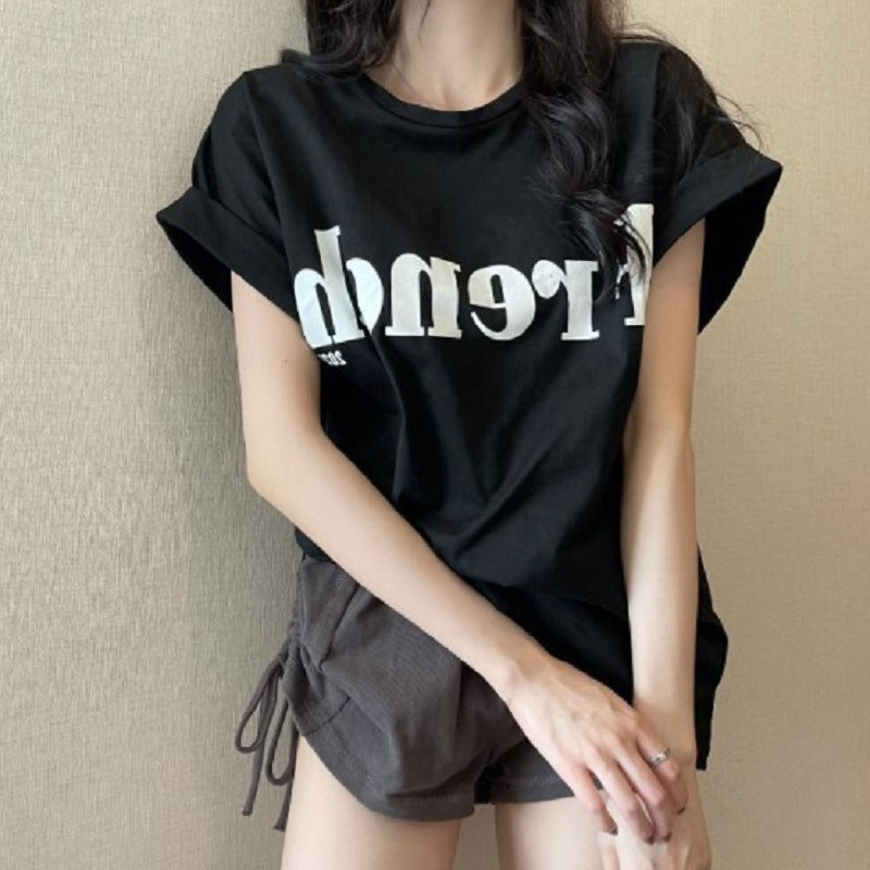 Camiseta informal de manga corta con cuello redondo y estampado del alfabeto para mujer