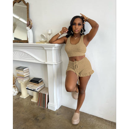 Fashion Women Casual Solid Color Plush Tank Top And Ruffled Shorts Set