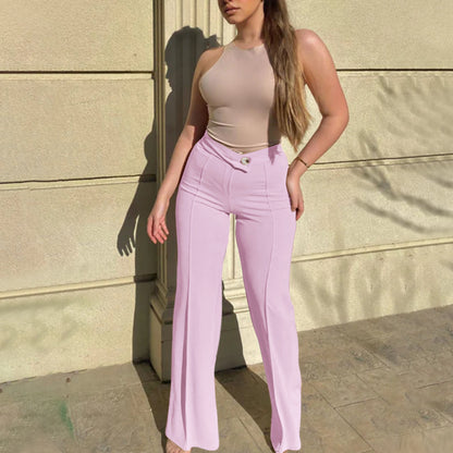 Women Fashion Casual Solid Color Wide Leg High Waist Slim Fit Pants