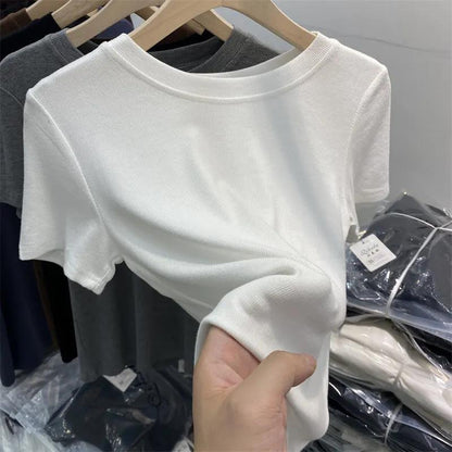 Summer Women Casual Solid Color Tight Thread Short Sleeve Blank T-Shirt