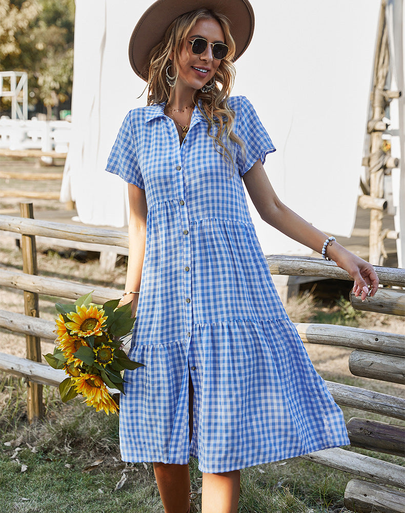 Women Fashion Casual Plaid Single Breasted Lapel Short Sleeve Dress