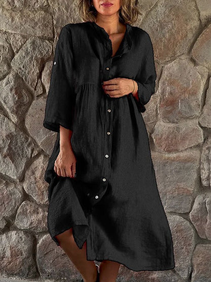 Casual Women Cotton Linen Solid Color Button Shirt Dress