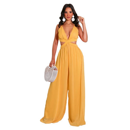 Women Solid Color Casual Loose Chiffon Jumpsuit