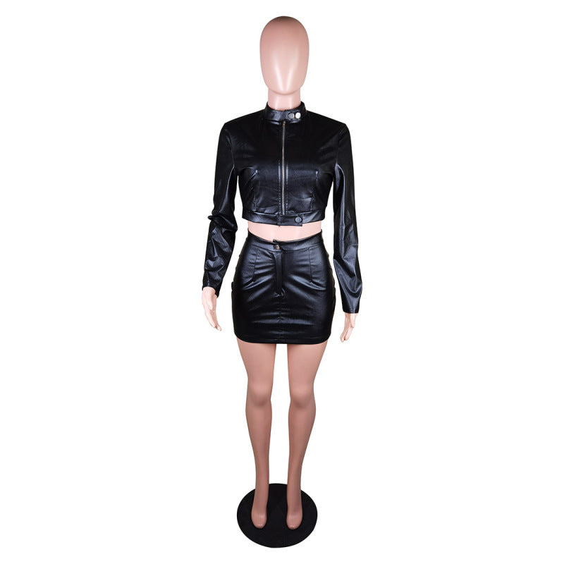 Conjunto de dos piezas de falda y top de PU con cremallera y manga larga informal para mujer