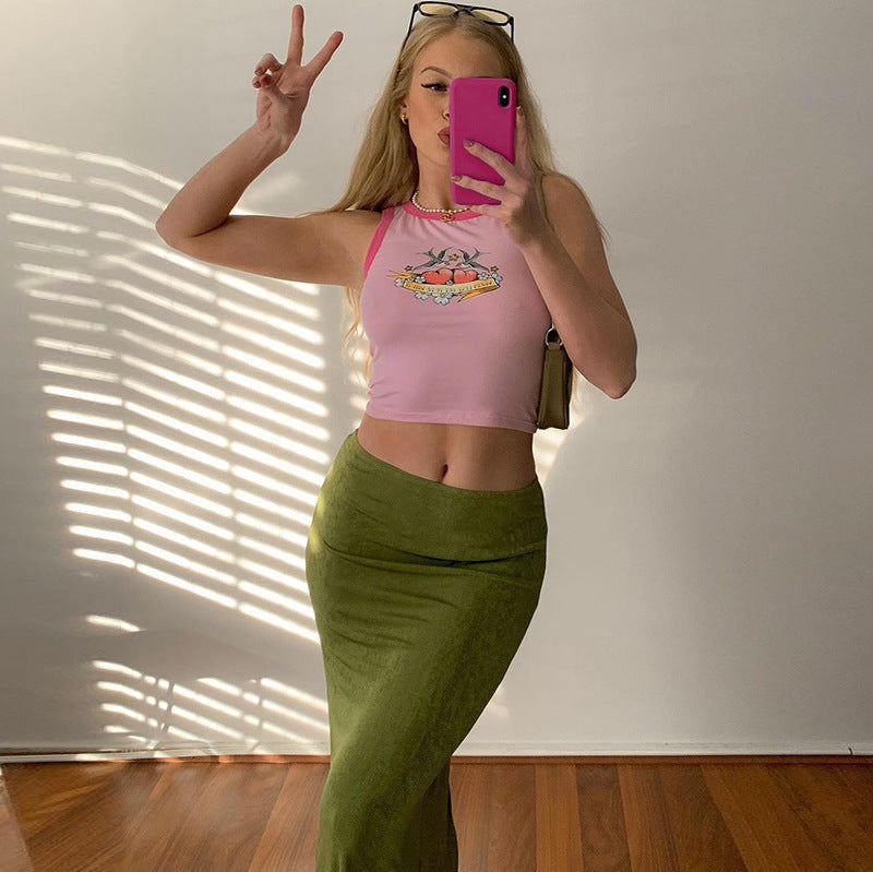 Summer Women Elastic Solid Color Casual Low Waist Long Skirt