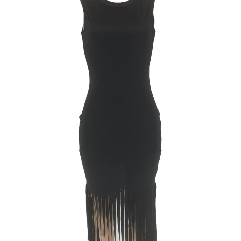 Women Casual Fashion Solid Color Sleeveless Tassel Tight Dress