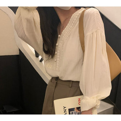 Blusa informal elegante de encaje con cuello en V y manga larga para mujer