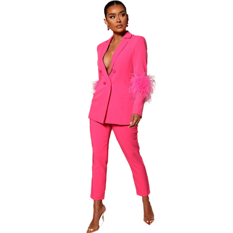 Chaqueta informal de moda para mujer, color liso, con puños de plumas y cuello en V, pantalones ajustados, 2 piezas