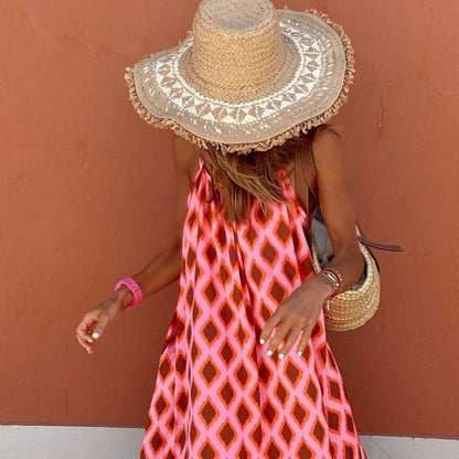 Women Fashion Casual Boho Backless Diamond Print Maxi Dress