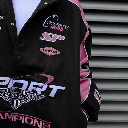 Chaqueta de béisbol de manga larga con estampado de letras rosa informal para mujer