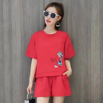 Conjunto de 2 piezas de camiseta de manga corta con cuello redondo, pantalones cortos y cintura definida, estampado de color liso y holgado para mujer