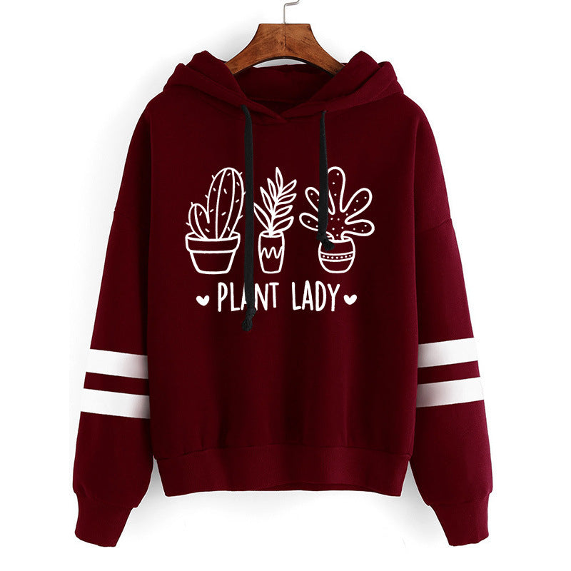 Sudadera con capucha holgada informal con estampado de cactus y barras paralelas para mujer
