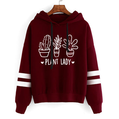 Sudadera con capucha holgada informal con estampado de cactus y barras paralelas para mujer
