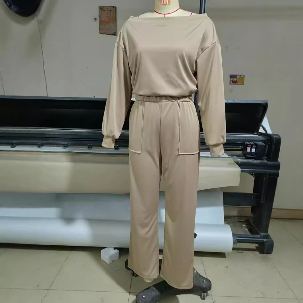 Women Simple Casual Solid Color Off Shoulder Jumpsuits