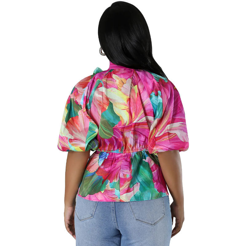 Blusa informal de manga corta con cuello alto, estampado floral y cordones para mujer