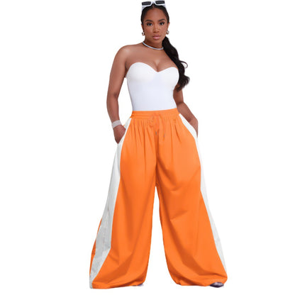 Women Fashion Casual Color-Matching Drawstring Wide-Leg Pants