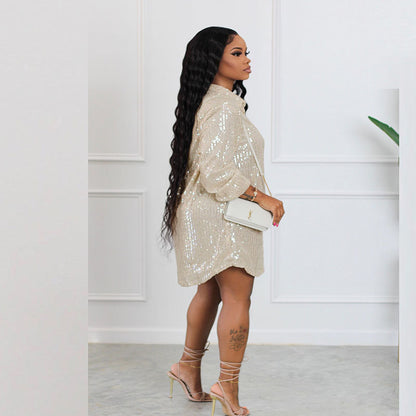 Women Fashion Casual Loose Solid Color Sequin Lapel Long Shirt Blouse