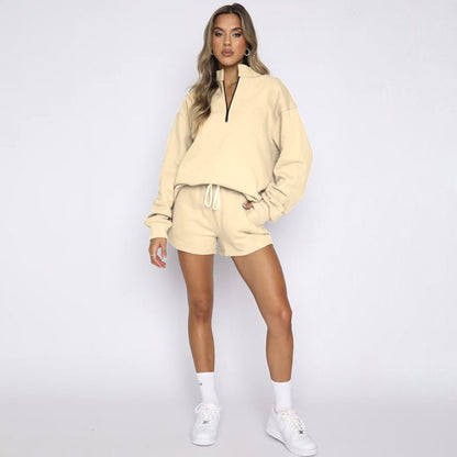 Women Casual Solid Color Stand Collar Half Zipper Long Sleeve Hoodie And Shorts Set
