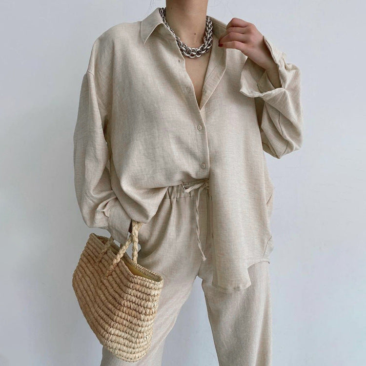 Conjunto de dos piezas de camisa de manga larga con solapa de color liso para mujer, pantalones bombachos y pantalón informal