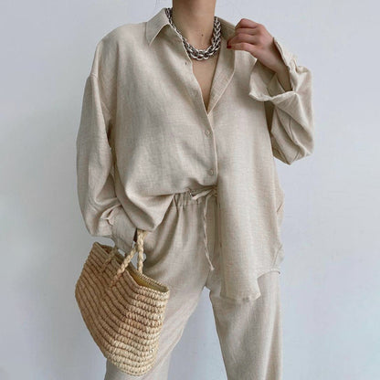 Conjunto de dos piezas de camisa de manga larga con solapa de color liso para mujer, pantalones bombachos y pantalón informal