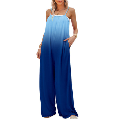 Summer Vacation Women Casual Gradient Loose Sleeveless High Waist Strap Jumpsuit