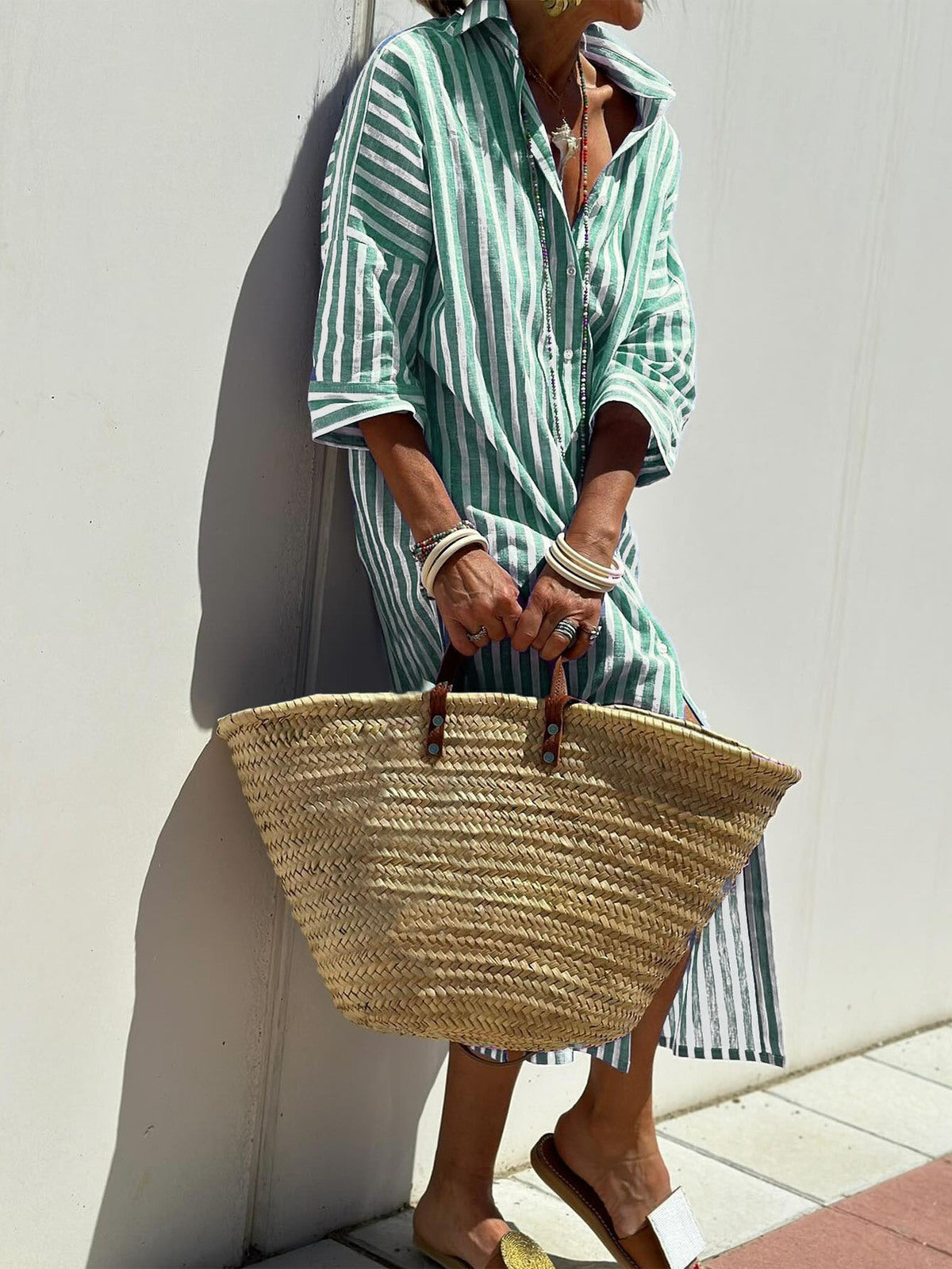 Women Casual Lapel Stripe Shirt Split Dress