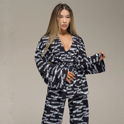 Conjunto de pijama de seda estampado informal y holgado para mujer