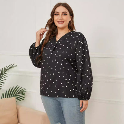 Blusa informal de manga larga con cuello en V y estampado de talla grande para mujer
