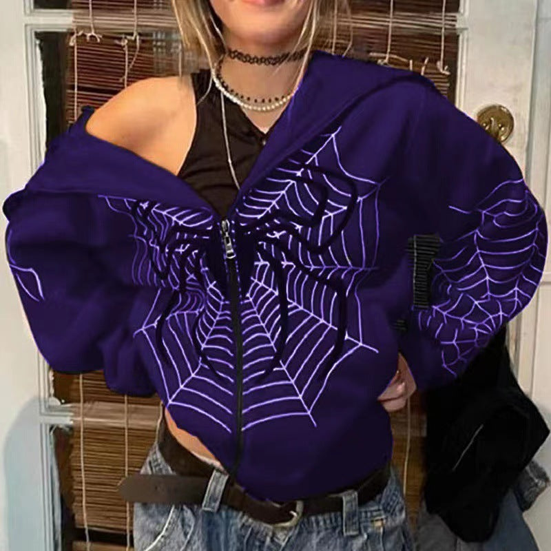 Sudadera holgada con cremallera y estampado de telaraña para hombre y mujer, estilo informal, a la moda urbana