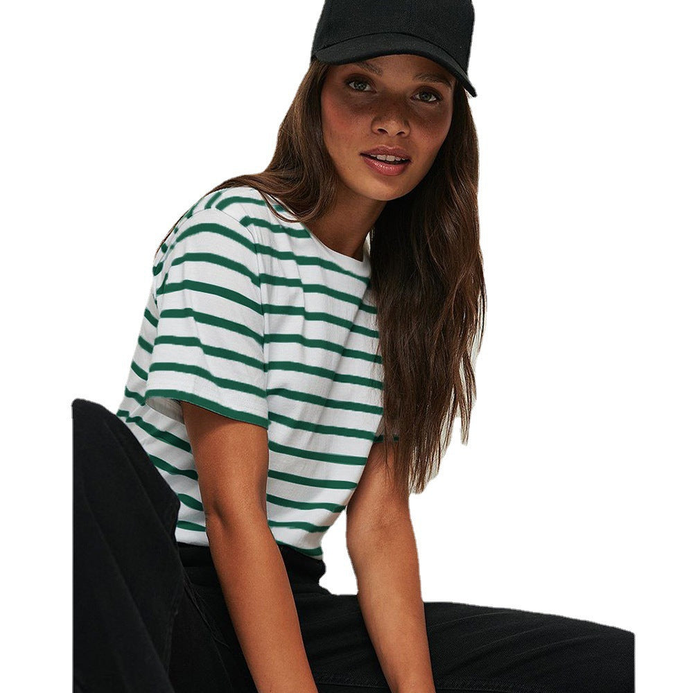 Camiseta informal de manga corta a rayas con cuello redondo