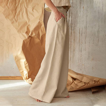 Women Solid Color Casual High Waist Buttoned Cotton Linen Wide Leg Pants