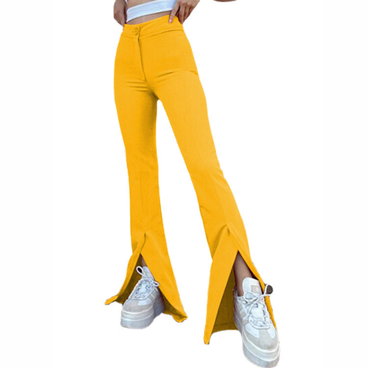 Women Solid Color Casual Flared Pants Slit High Waist Pants