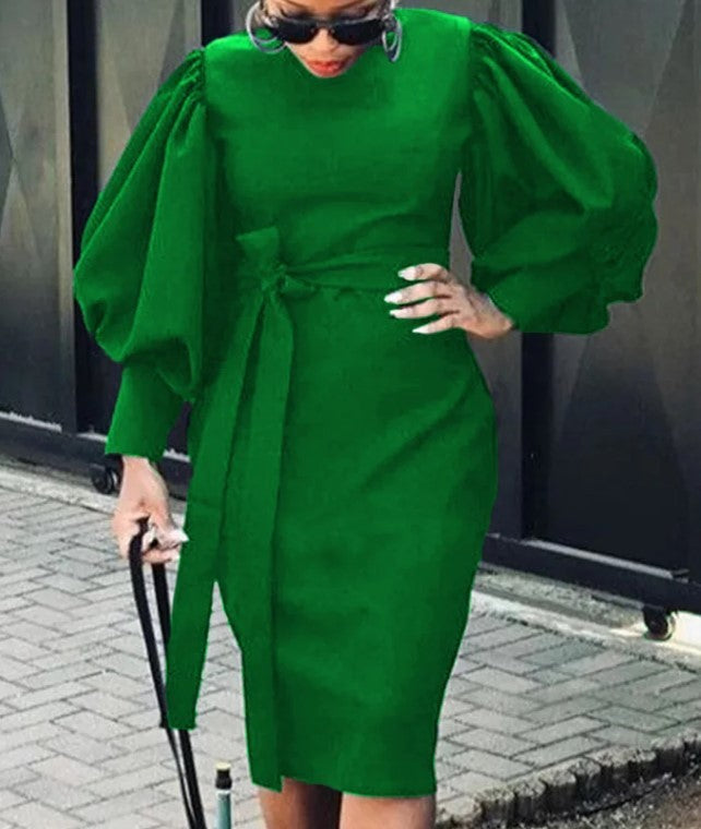 Vestido midi informal ajustado con cuello redondo y mangas abullonadas para mujer