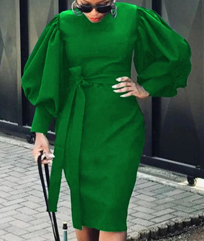 Vestido midi informal ajustado con cuello redondo y mangas abullonadas para mujer