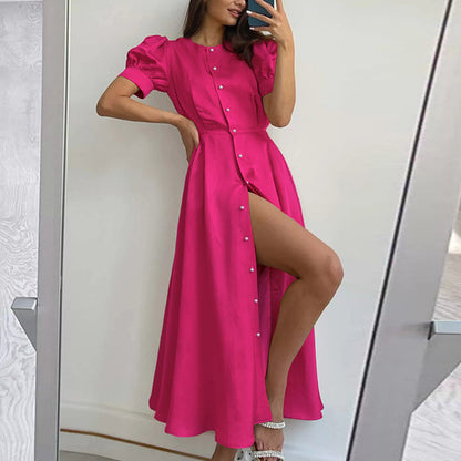 Women Casual Summer Vacation Solid Color High Waist Split Midi Short Sleeve Dress