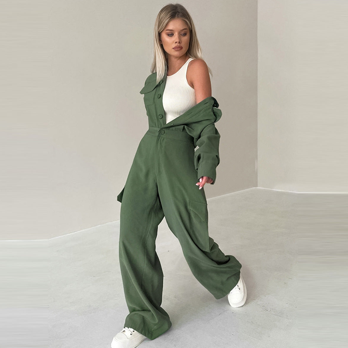 Women Fashion Casual Solid Color Lapel Long Sleeve Cargo Jumpsuits