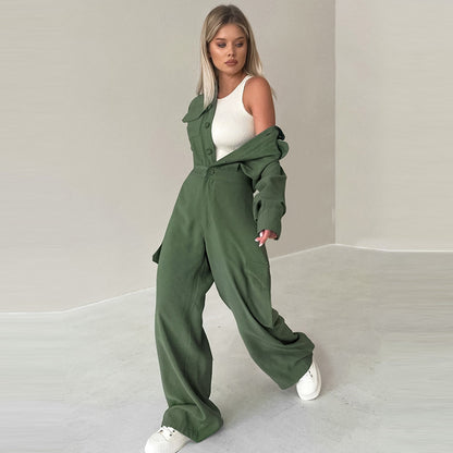 Women Fashion Casual Solid Color Lapel Long Sleeve Cargo Jumpsuits