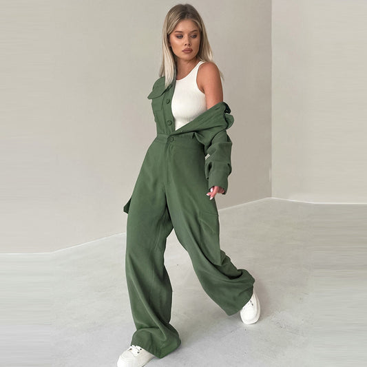 Women Fashion Casual Solid Color Lapel Long Sleeve Cargo Jumpsuits