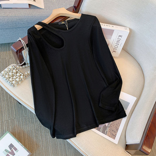 Camiseta básica informal holgada de talla grande con hombros descubiertos y manga larga de color liso para mujer