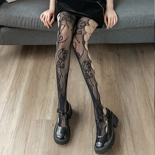 Medias finas de malla con rosas huecas, sexys y vanguardistas para mujer