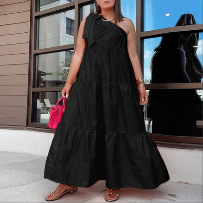Women Fashion Casual Irregular One Shoulder Solid Color Loose Maxi Dress