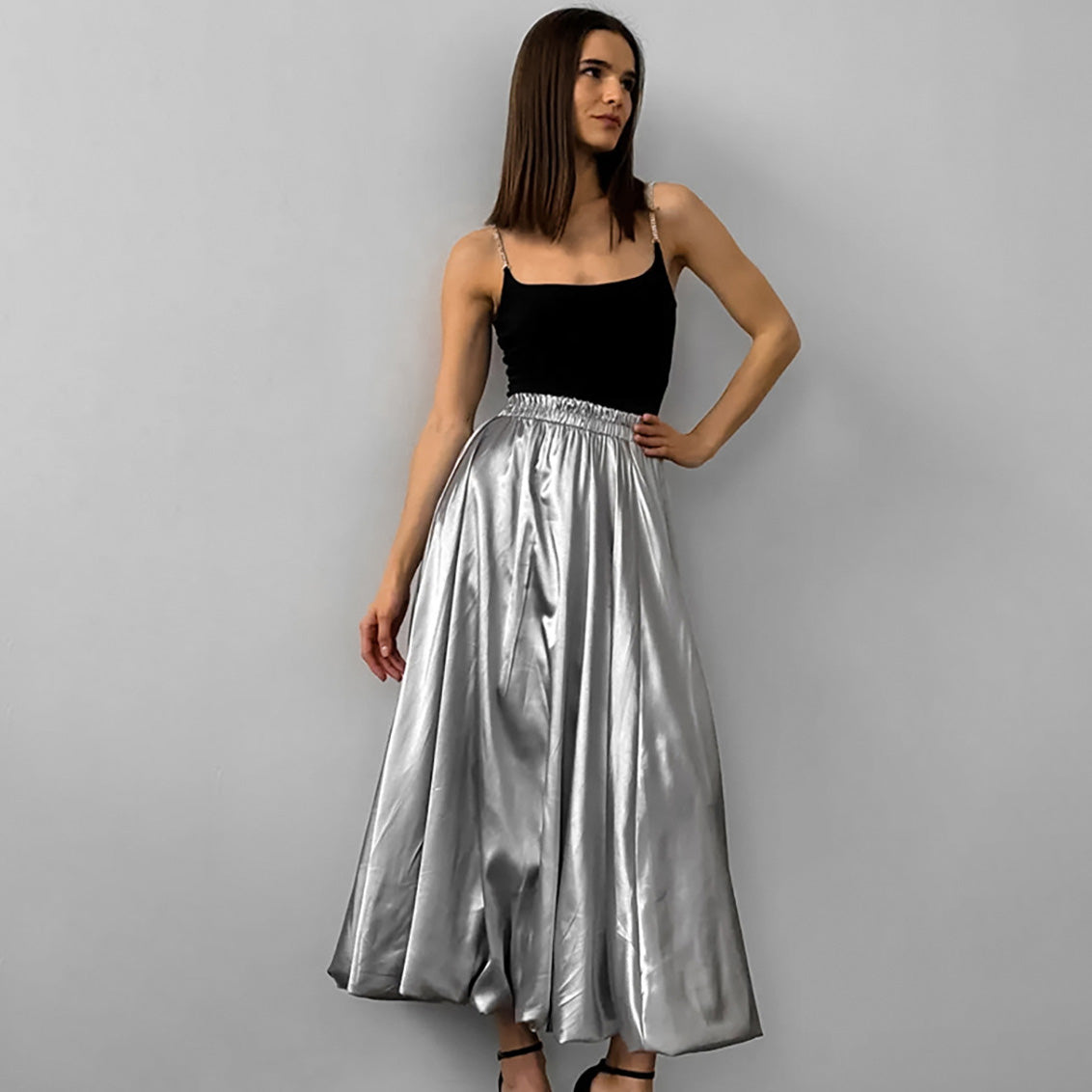 Women Fashion Simple Casual Satin Pleated Skirt