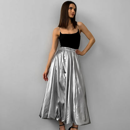 Women Fashion Simple Casual Satin Pleated Skirt