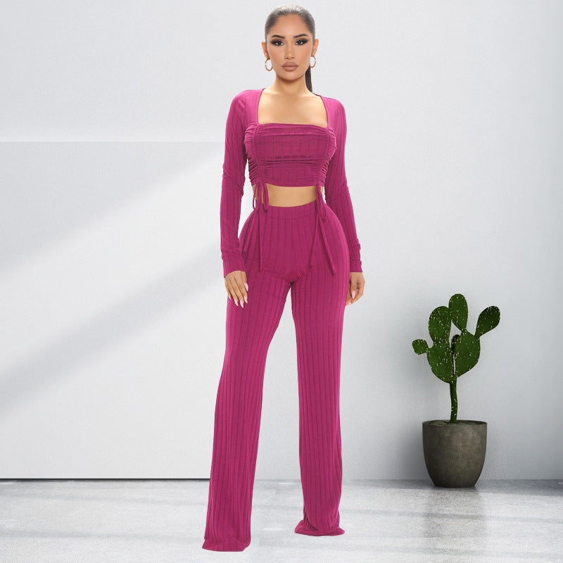 Plus Size Women Solid Color Drawstring Square Collar Two-Piece Casual Suit