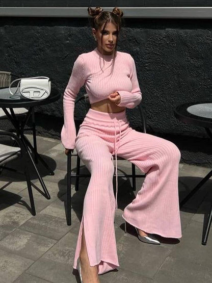 Conjunto de dos piezas de top corto de punto con cuello redondo y manga larga para mujer, informal, con cordones