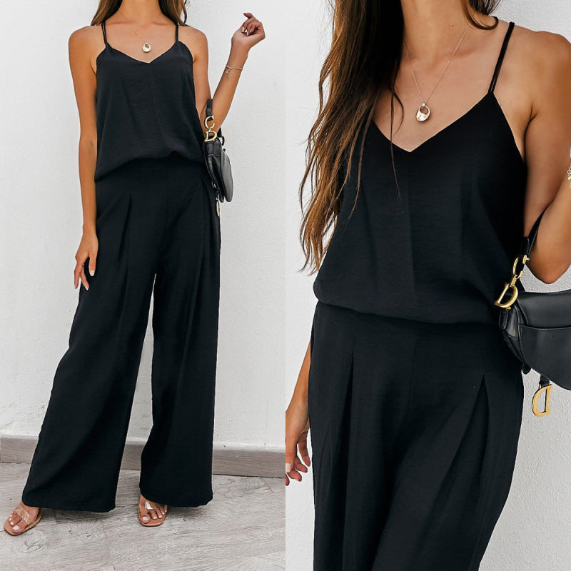 Conjunto informal de dos piezas para mujer: top con tirantes de color liso y pantalones anchos