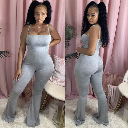 Women Solid Color Sling Skinny Flared Casual Jumpsuit