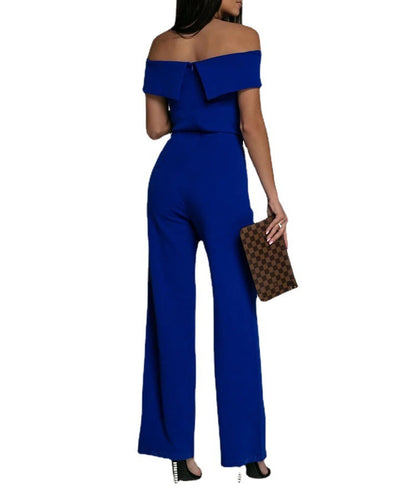 Women Solid Color Word Neck Short Sleeve Waist Casual Jumpsuit