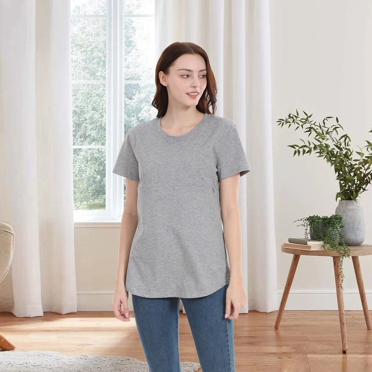 Camiseta informal de algodón de manga corta con cremallera para mujer embarazada y lactante