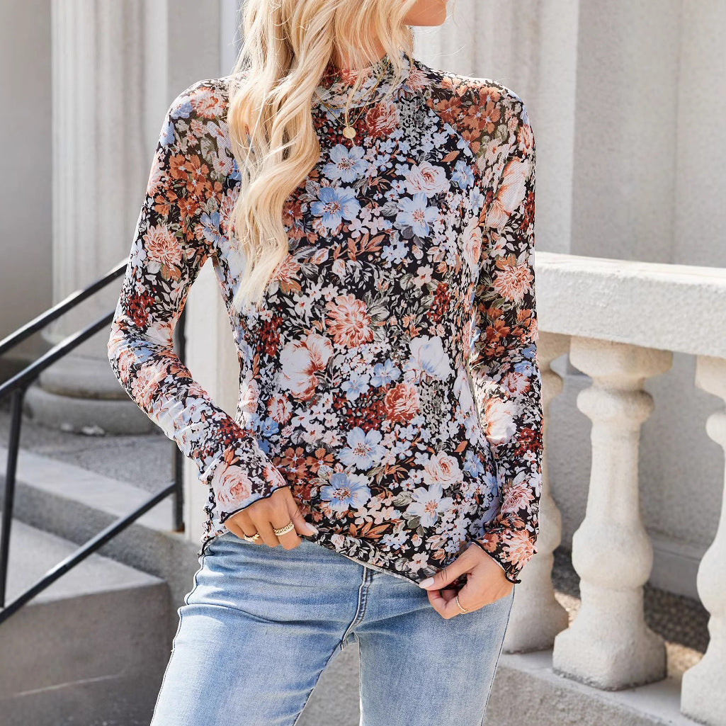 Blusa informal de manga larga con encaje y estampado floral para mujer